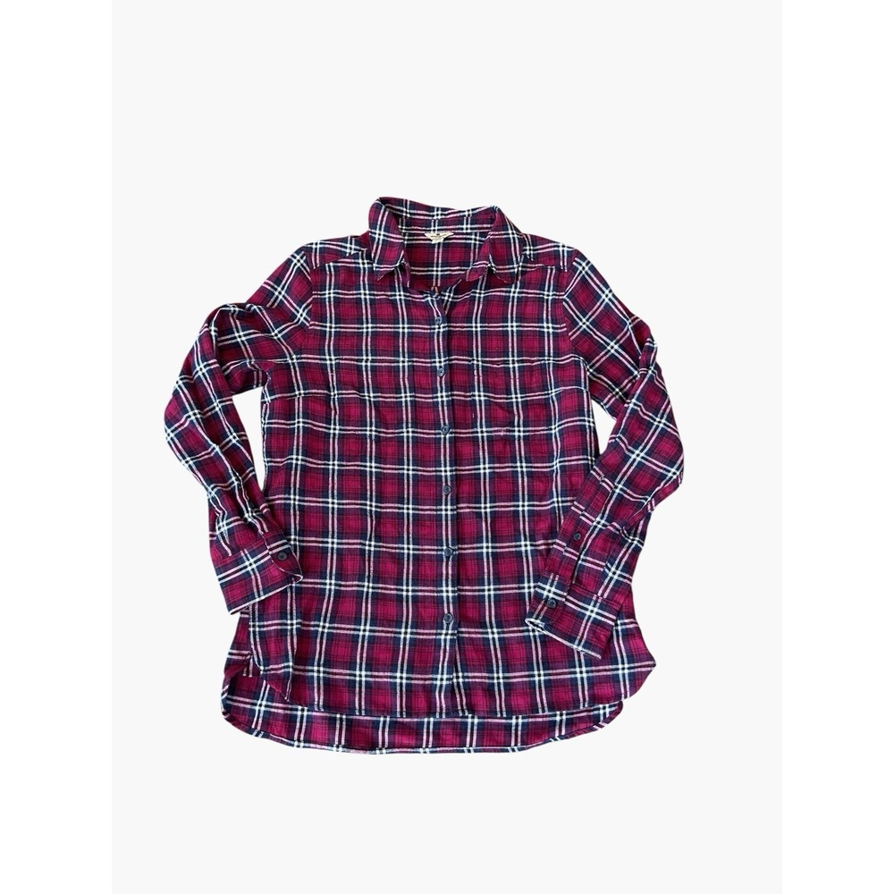 Woolrich Womens Medium Ruby Red Blue Plaid Flannel Button Down Shirt Cotton